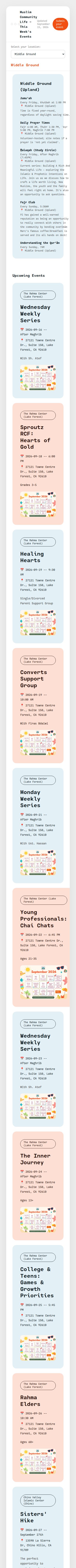 Scrolling preview of the Muslim Community Life website, showing a list of upcoming SoCal Muslim community events and weekly series