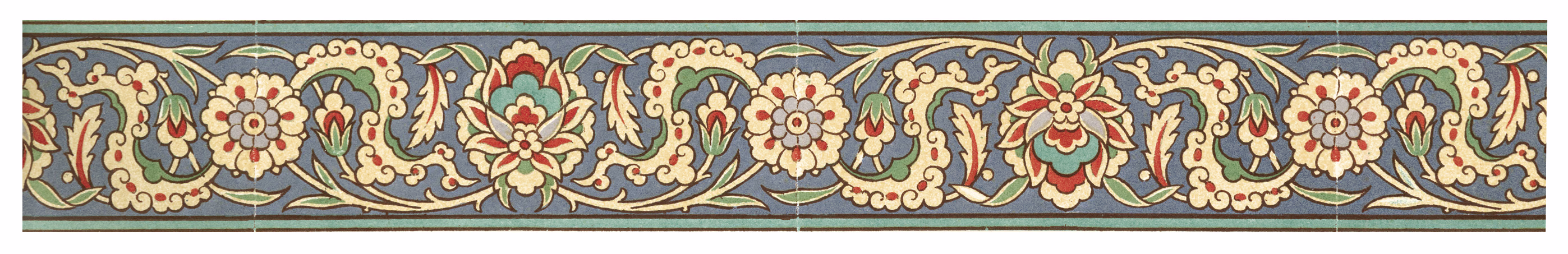 A slate-blue and cream Islamic floral tile border pattern with red and green arabesque medallions