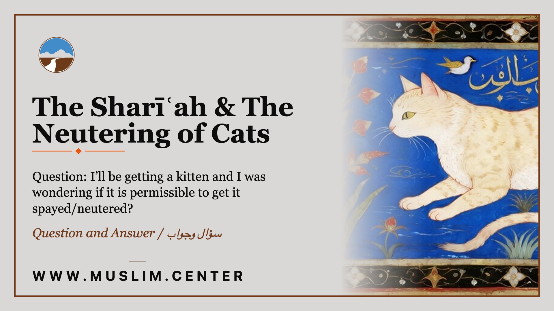 Title graphic reading &ldquo;The Sharīʿah & The Neutering of Cats,&rdquo; part of our Question and Answer series, showing the question &ldquo;I&rsquo;ll be getting a kitten and I was wondering if it is permissible to get it spayed/neutered?&rdquo; beside a Persian-style miniature painting of a cream-colored cat with a bird on a deep blue ground, the Middle Ground logo, and www.muslim.center.