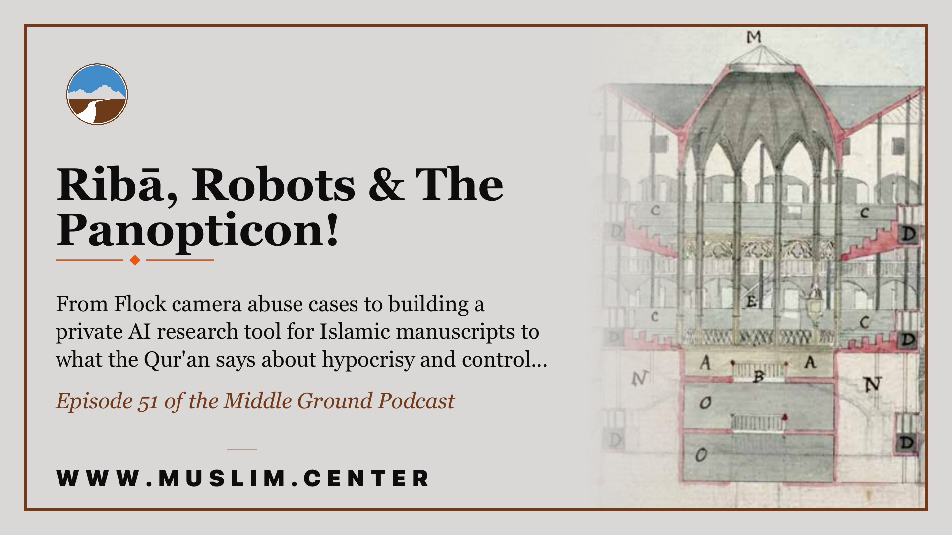 Promotional graphic for Episode 51 of the Middle Ground Podcast: &ldquo;Ribā, Robots & The Panopticon! From Flock camera abuse cases to building a private AI research tool for Islamic manuscripts to what the Qur'an says about hypocrisy and control&hellip;&rdquo; shown beside a 19th-century architectural drawing of Jeremy Bentham's panopticon prison design and the Middle Ground logo.