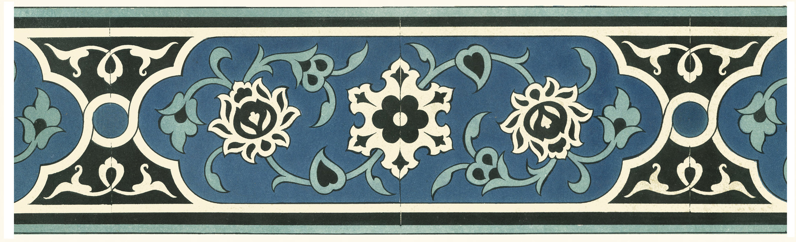 A blue, black, and cream Islamic floral tile border pattern with arabesque medallions