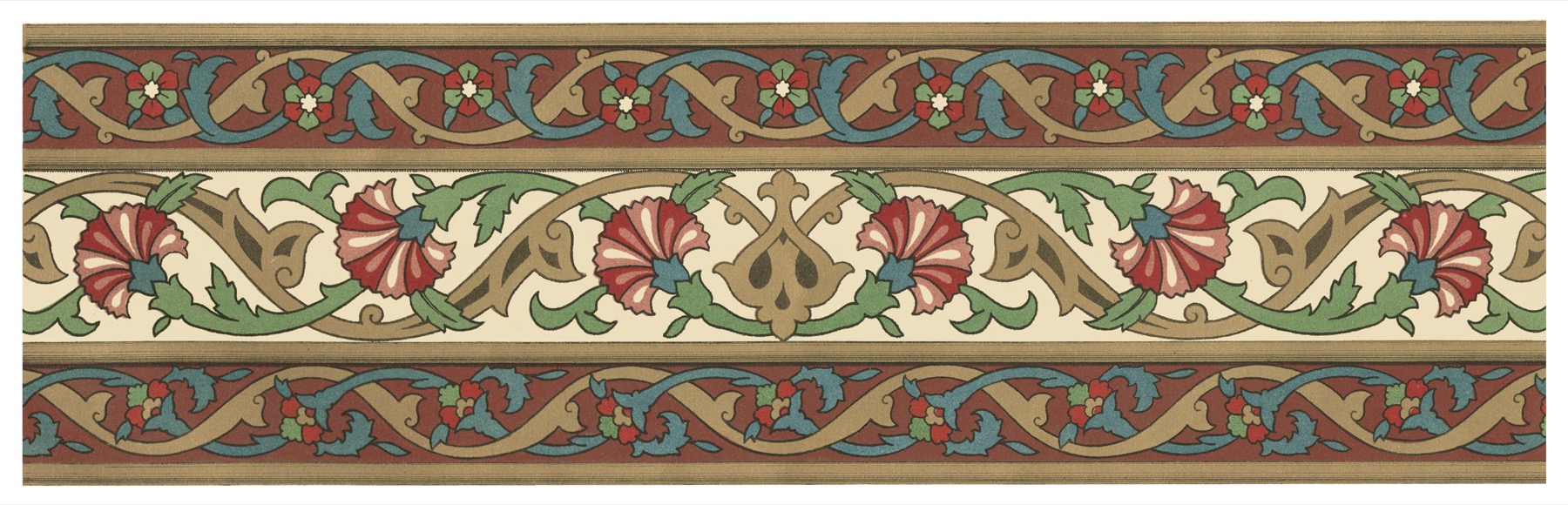 A red, gold, blue, and green Islamic floral border pattern with arabesque medallions